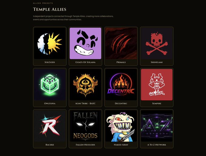 Screenshot of a webpage titled 'Temple Allies' listing 'Allied Projects' in a grid, featuring NFT collection logos including SolGods, Goats of Solana, Primals, Shinegami, OwlTopia, Agni Tribe - BASC, Decentric, Sempire, Racerz, Fallen Neogods, Naked Army, and A to Z Network.