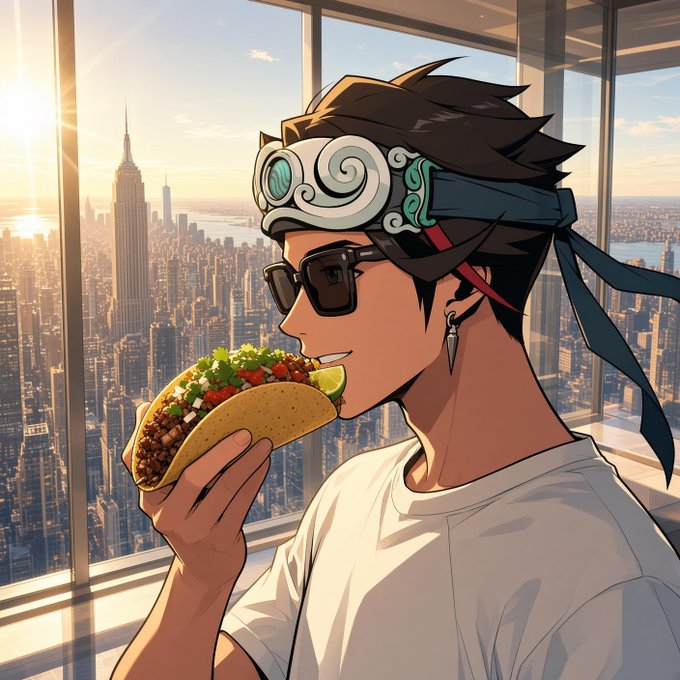 Anime-style illustration of a young man wearing sunglasses and a headband, eating a taco in front of a window overlooking a city skyline with the Empire State Building.
