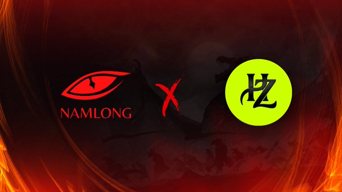 A dark red graphic featuring a 'NAMLONG' eye logo on the left and a yellow circular 'HZ' monogram logo on the right, separated by an X mark.