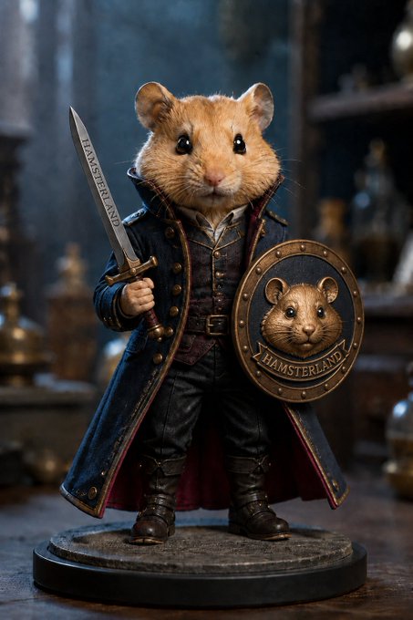A detailed figurine of an anthropomorphic hamster dressed as a medieval warrior in a blue coat, holding a sword and a shield that reads 'HAMSTERLAND'.