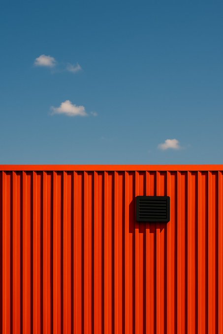 A minimalist photograph showing a bright red corrugated metal structure or container against a clear blue sky with a few small white clouds, featuring a black vent panel on the wall.