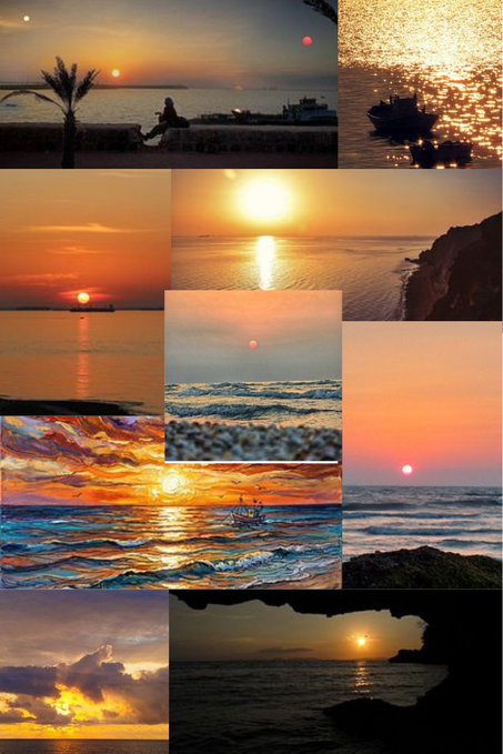 A collage of sunset photographs over water, showing various scenes with boats, cliffs, and reflections of the sun on the sea.