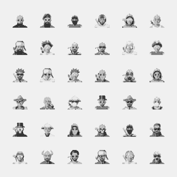 A grid of 36 small pixel-art style character portraits arranged in 6 rows, featuring various figures with different hairstyles and accessories.