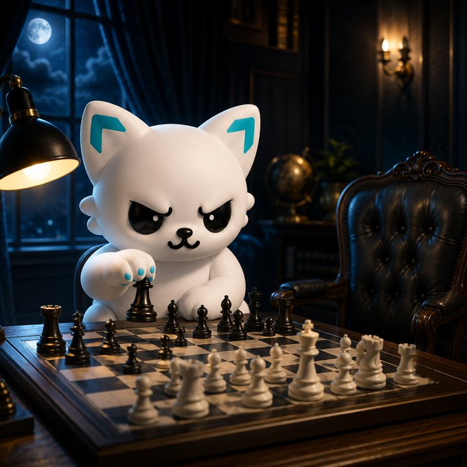 A stylized white cat figurine with cyan ear accents and an angry expression sits playing chess in a dark, elegant room lit by a desk lamp and wall sconce, with a leather chair and full moon visible through a window.