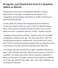 A news article excerpt titled "AI Agents Just Slashed the Cost of a Quantum Attack on Bitcoin" discusses how AI coding agents reduced cryptanalysis costs for attacking Bitcoin/Ethereum by 99%, citing a paper from Maynooth University.