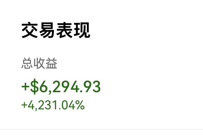 A trading performance summary in Chinese ('交易表现') showing a total return ('总收益') of +$6,294.93 and +4,231.04% in green.