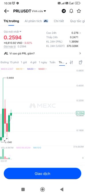 A mobile trading app screenshot showing the PRL/USDT pair on MEXC, with a current price of 0.2594 VND (down 3.02%) and a candlestick chart in Vietnamese.