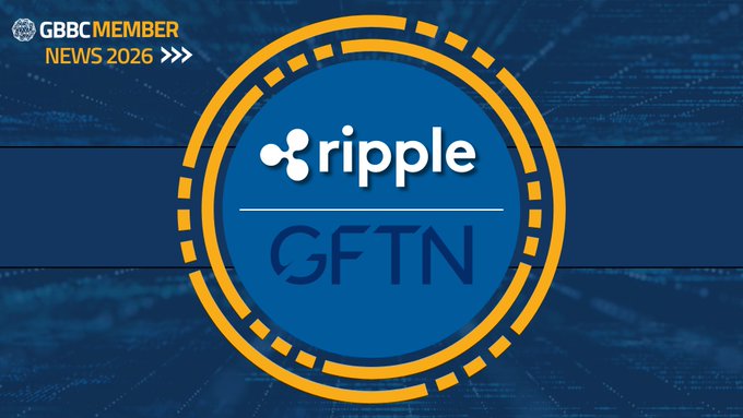 The image displays a blue and orange graphic featuring the GBBC Member News 2026 badge in the top-left corner, alongside the logos of Ripple and GFTN enclosed within a circular design, promoting the launch of the #DecodingDigitalAssets self-paced online programme covering digital money, stablecoins, cross-border settlement, systemic risk, and global standards.