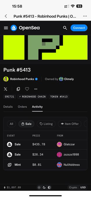 The image shows an OpenSea listing page for Punk #5413 from the Robinhood Punks collection, displaying recent activity including two sales—one at $435.78 (by Glatczar) and another at $26.34 (by zszeszs1998)—illustrating the dramatic price drop referenced in the post about the NFT losing value from $435 to just $7.