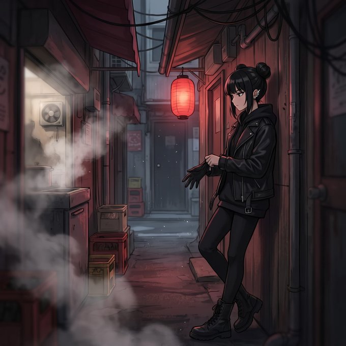 A girl in a black leather jacket and combat boots leans against a wall in a dimly lit alleyway illuminated by a red lantern, putting on gloves amid mist and stacked crates, evoking the gritty, secretive crypto atmosphere tied to the post's endorsement of the Hazels NFT project.