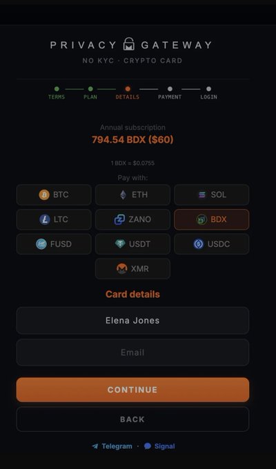 A dark-themed cryptocurrency checkout page for 'Privacy Gateway - NO KYC - CRYPTO CARD' showing an annual subscription of 794.54 BDX ($60), with BDX selected as the payment method and 'Elena Jones' entered in the Card details field.
