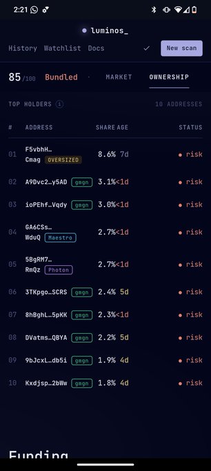 A mobile screenshot of the 'lumines' app showing a token analysis page with an '85/100 Bundled' risk score, displaying the top 10 wallet holders for an asset where all addresses are flagged with 'risk' status.