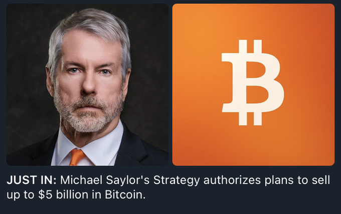 A news graphic showing a portrait of Michael Saylor next to a large Bitcoin logo, with the headline 'JUST IN: Michael Saylor's Strategy authorizes plans to sell up to $5 billion in Bitcoin.'