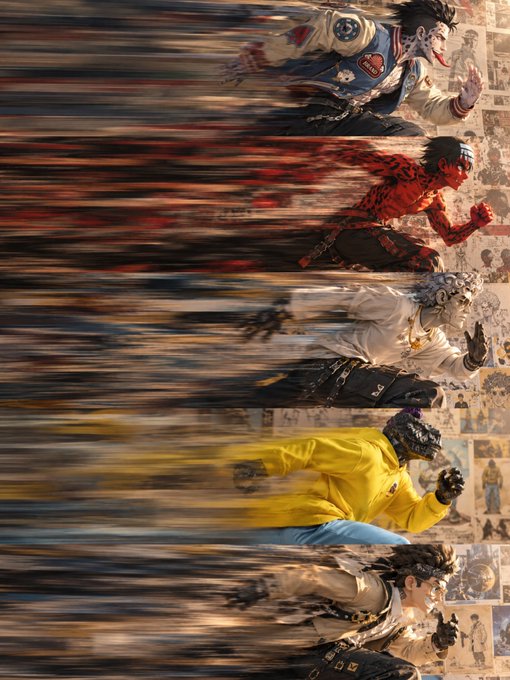 An artistic, motion-blurred composition featuring stacked figures in various costumes and expressions against a textured, collage-like background.