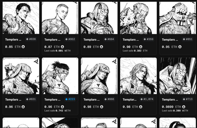 A grid of NFT listings from a collection called 'Templars' featuring black-and-white character portraits with various prices in ETH (ranging from 0.85 to 0.9899) displayed on a dark background.