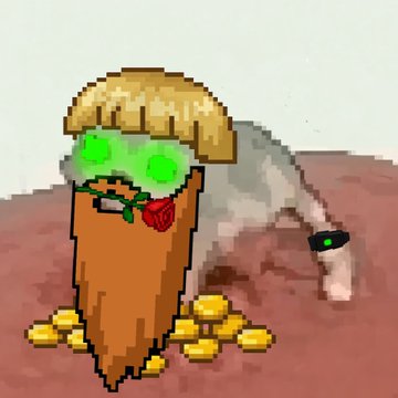 A pixelated image of a corn cob character with a straw hat, green goggles, and a red rose, standing next to a gray animal figure on a rocky surface.