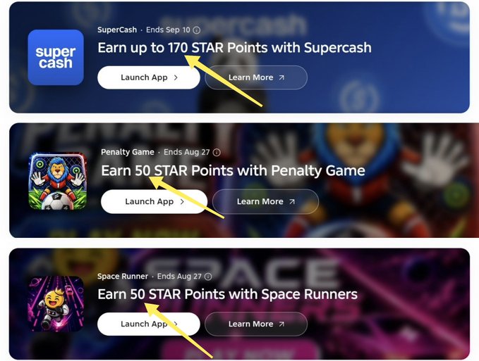 Three app promotional banners offering STAR Points, including 'Earn up to 170 STAR Points with Supercash', 'Earn 50 STAR Points with Penalty Game', and 'Earn 50 STAR Points with Space Runners', with yellow arrows pointing to the point amounts.