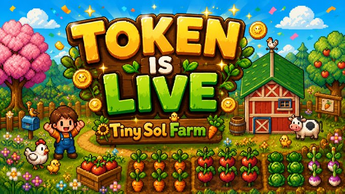 A colorful cartoon graphic announcing 'TOKEN IS LIVE' for 'Tiny Sol Farm', featuring a farmer character, barn, vegetables, and farm animals in a vibrant farm setting.