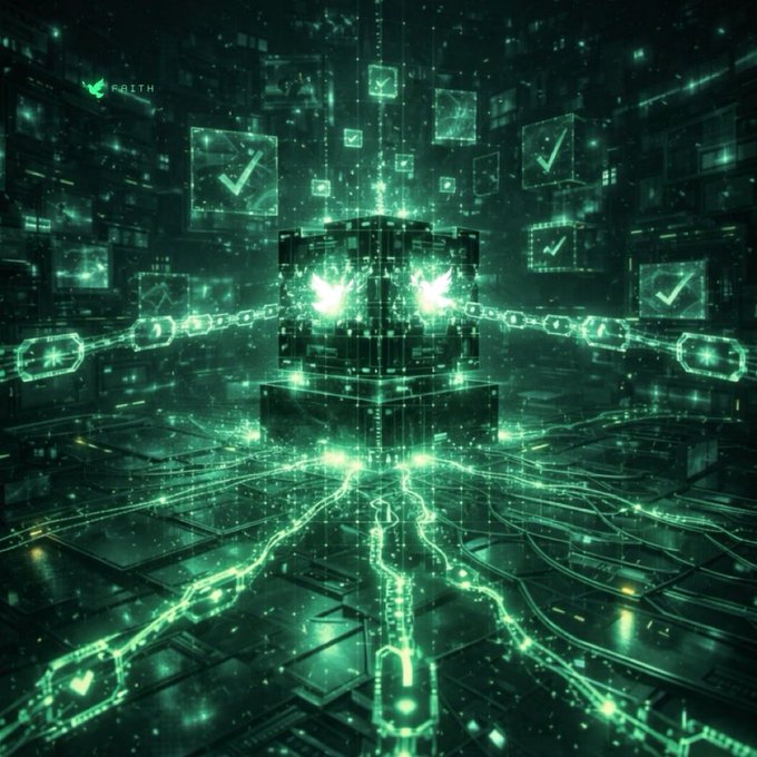 A futuristic green digital illustration showing a glowing cube with wing-like emblems at the center of a circuit-board landscape, surrounded by floating translucent checkmark icons and the word 'FAITH'.