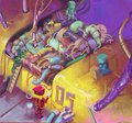 Vibrant stylized 3D-rendered scene of a small island base with buildings, trees, and structures in purple and yellow tones.