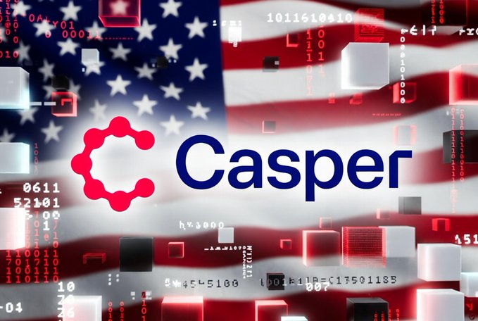 A graphic featuring the Casper (CSPR) logo overlaid on an American flag background with digital/binary code and 3D cube effects, evoking a US crypto theme.