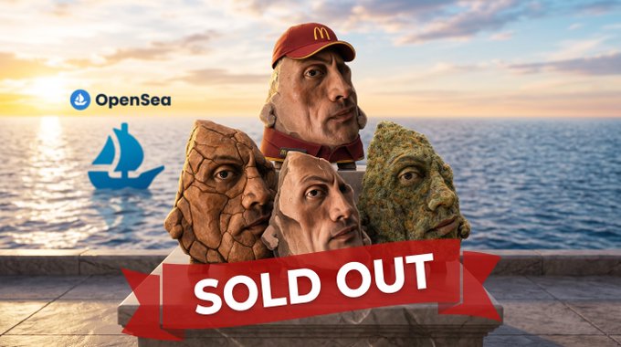 An OpenSea promotional graphic displays four stone head sculptures with a McDonald's employee hat on top, set against a sunset ocean backdrop with the OpenSea logo and a 'SOLD OUT' banner.