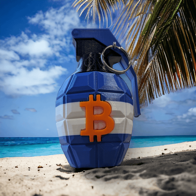 A 3D-rendered Bitcoin grenade with blue, white, and orange stripes sitting on a tropical beach with palm leaves and turquoise water.