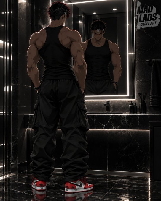 An illustrated muscular man in a black tank top and baggy black cargo pants with red sneakers stands facing a large mirror in a modern dark marble bathroom; a 'Mad Lads Deriv Art' watermark is visible.