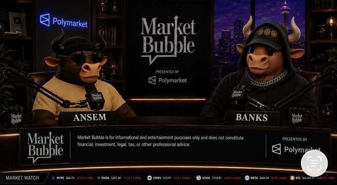Market Bubble podcast set presented by Polymarket, featuring two anthropomorphic bull characters named ANSEM and BANKS at a desk with city skyline backdrop and market watch ticker.