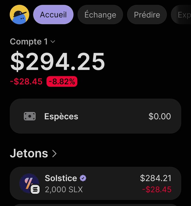 A cryptocurrency portfolio app interface in French showing "Compte 1" with a balance of $294.25, down $28.45 (-8.82%), including "Espèces" at $0.00 and "Solstice" (SLX) tokens worth $284.21.