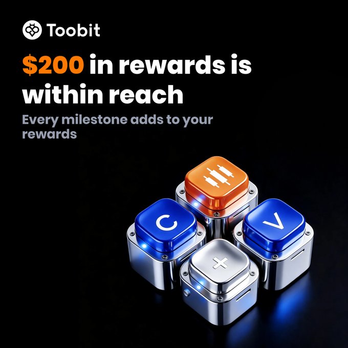 A Toobit cryptocurrency advertisement on a black background featuring text '$200 in rewards is within reach' and 'Every milestone adds to your rewards', displayed alongside four colorful cube-shaped icons.