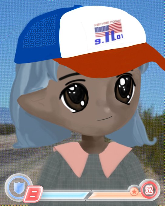 A 3D cartoon character with gray hair wears a red, white, and blue trucker hat featuring a US flag and '9.11.01' text, with a game UI overlay at the bottom.
