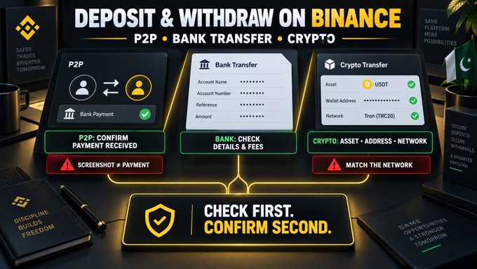 The image is an infographic titled "DEPOSIT & WITHDRAW ON BINANCE" illustrating three payment methods—P2P, Bank Transfer, and Crypto Transfer—with safety tips emphasizing "CHECK FIRST. CONFIRM SECOND." It warns users to verify payment receipts, double-check bank details and fees, and confirm crypto asset, address, and network matches (e.g., USDT on Tron TRC20), visually reinforcing the post's caution that money may not have actually arrived even if a screenshot looks legitimate.