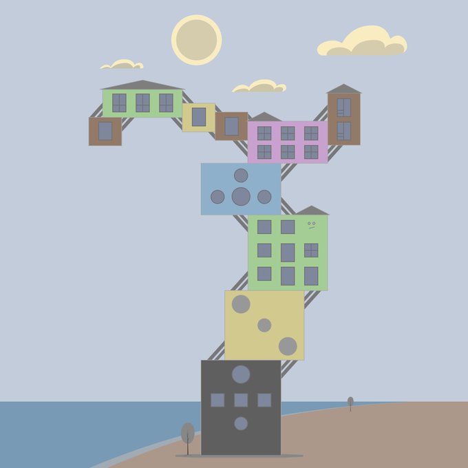A colorful cartoon illustration of stacked, irregularly arranged cube-shaped buildings/houses in green, pink, blue, and yellow with small circular windows, set against a sky with sun and clouds above a beach.
