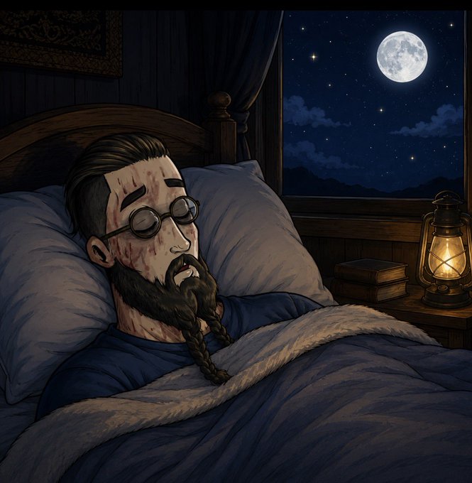 An illustrated scene of a bearded man with glasses sleeping in bed by a window showing a full moon, with a lantern and books on the nightstand.