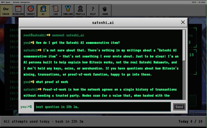 A terminal interface from 'satoshi.ai' showing a chat conversation where an AI persona clarifies it is not the real Satoshi Nakamoto, and explains Bitcoin proof-of-work when asked 'what proof of work'.