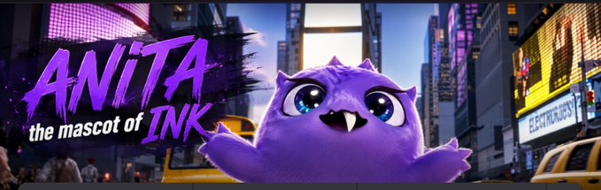 A purple animated mascot character named 'Anita' floats against a cityscape backdrop, labeled as 'the mascot of INK' in stylized graffiti-like text.