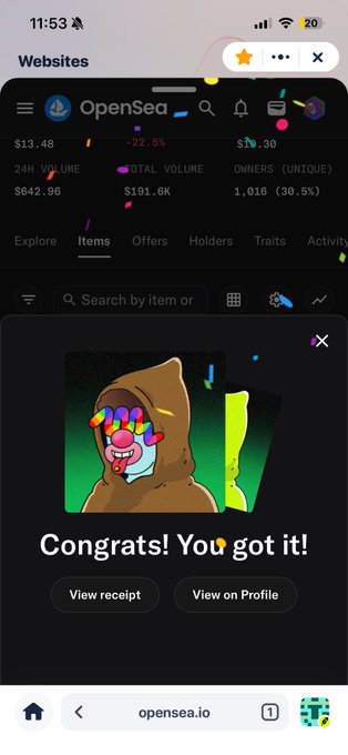 A screenshot of the OpenSea mobile website displaying a 'Congrats! You got it!' NFT purchase receipt for a clown-like character NFT.