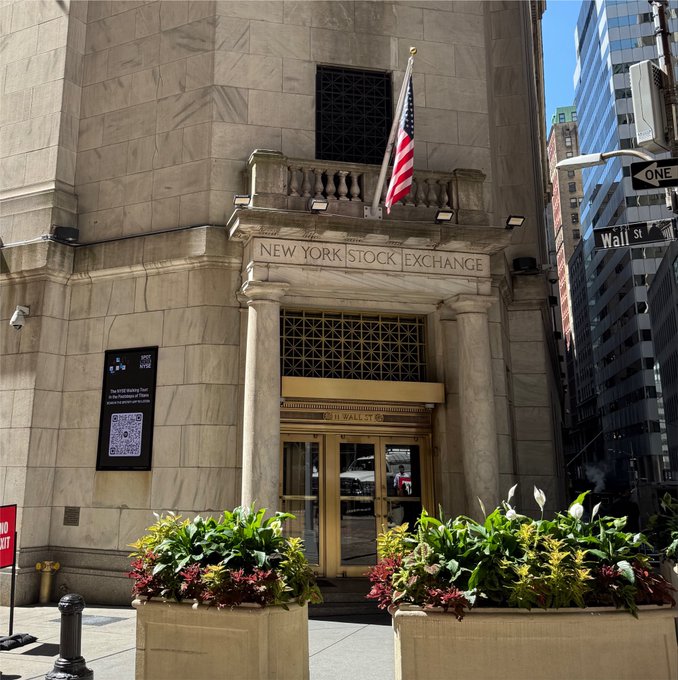 The image shows the entrance to the New York Stock Exchange at 11 Wall Street, featuring its iconic marble facade, American flag, and gold-trimmed doors flanked by planters. A street sign indicating "Wall St" is visible on the right, reinforcing the caption's playful jab at someone waiting outside the exchange for insider trading tips rather than relying on technical analysis.