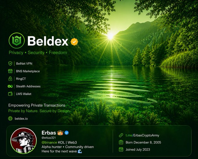 A promotional graphic for 'Beldex' cryptocurrency featuring a green forest lake background, listing services like BelNet VPN, BNS Marketplace, and RingCT, alongside a profile for 'Erbas' with 't.me/ErbasCryptoArmy' and 'beldex.io' links.