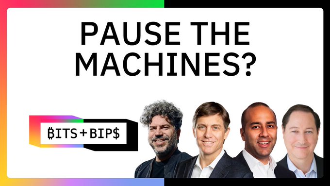 A podcast/video thumbnail titled "PAUSE THE MACHINES?" with the "BITS+BIPS" show logo, featuring headshots of four men including Jason and David against a colorful gradient background.