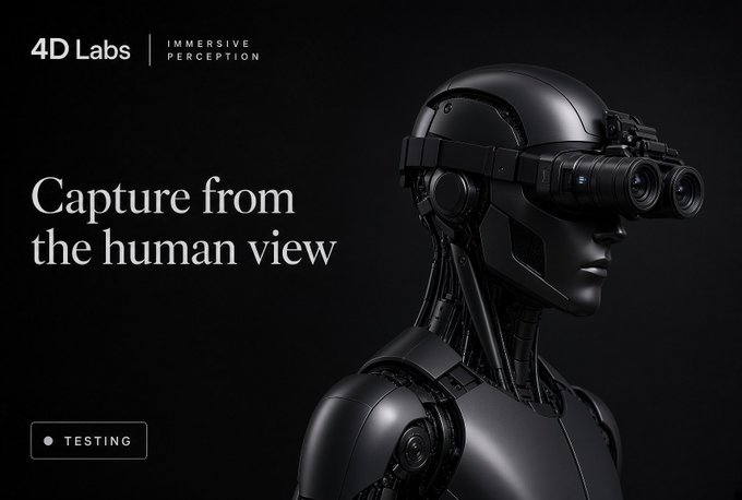 A promotional image for '4D Labs' featuring a robotic figure wearing a headset, with the tagline 'Capture from the human view' and a 'TESTING' label.