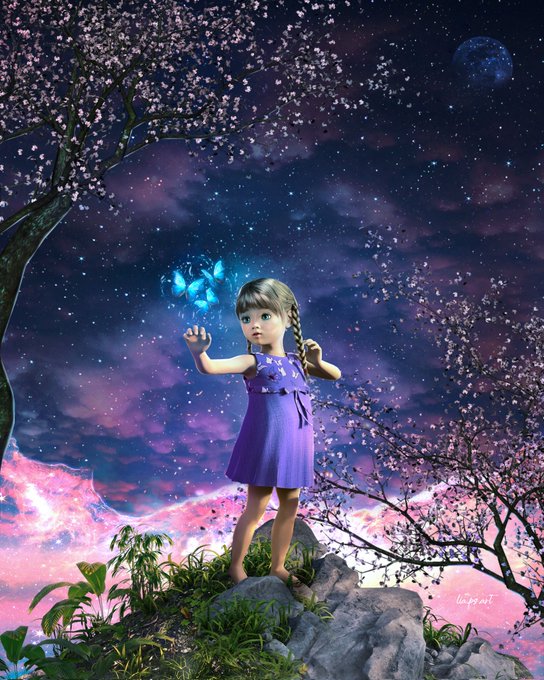 The image shows a young girl with blonde hair standing on top of a rock, looking upwards at something blue in her hands. The backdrop features a sky filled with clouds and stars, giving the impression that she's floating in space. In the background, there are trees and bushes, enhancing the celestial theme. A photo from the post reads "SOLD An edition of 'This Kind of Quiet' is now in the collection of @/King_PRomulus Thank you so much! Last 12 editions left - 12.12 XTZ Link".
