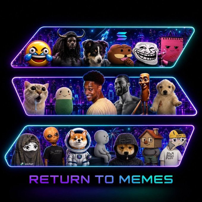 A neon-styled graphic titled 'RETURN TO MEMES' displays various popular meme characters and faces arranged in three glowing horizontal panels against a purple cityscape background.