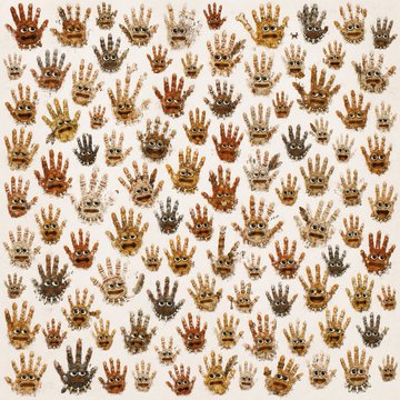 A repeating pattern background featuring various hand-shaped clay sculptures with eyes and mouths arranged in a grid on a beige background.