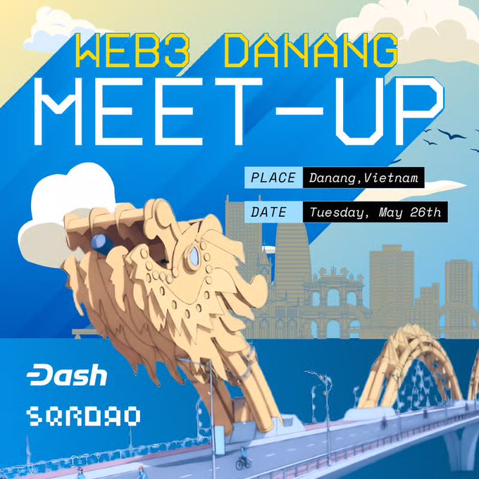 A digital poster for a Web3 Daning Meet-Up event, featuring a dragon sculpture and the date "May 28th".
