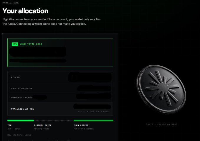 Dark-themed web page titled 'Your allocation' showing AXIS token details with a black coin graphic labeled 'AXIS - ERC-20 ON BASE'.