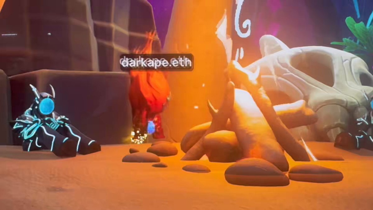 The image features a large rock formation with a skeleton of an animal, possibly a dinosaur or a monster, sitting atop one of its bones. The background includes a cave-like setting with rocks and trees, creating a sense of adventure and exploration. The caption "Darkcape.eth" suggests that the scene is set in a virtual world where players can immerse themselves in exciting and thrilling experiences.