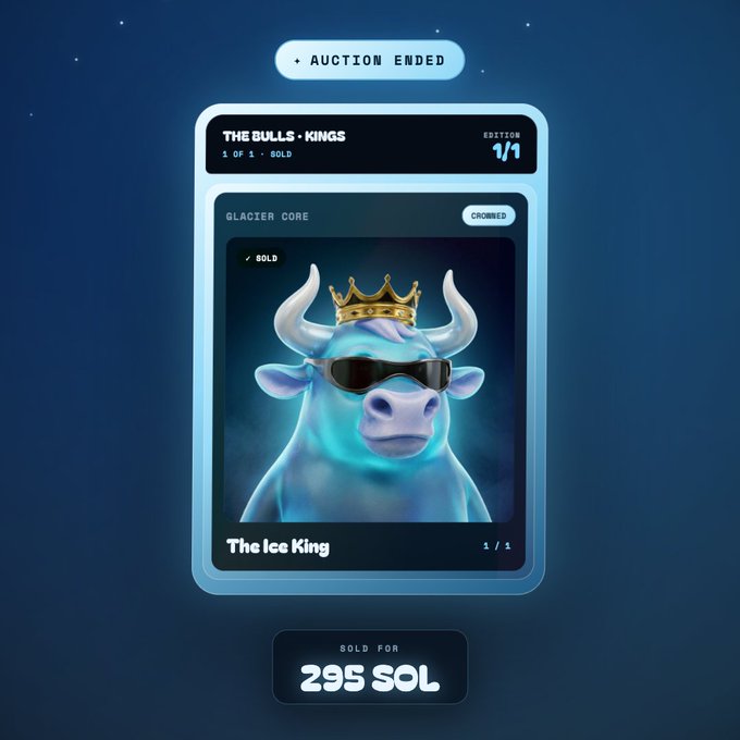 A digital auction screen shows an NFT titled 'The Ice King' featuring a crowned bull with sunglasses, sold for 295 SOL in the 'THE BULLS - KINGS' collection.