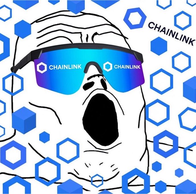 A meme image of a stylized screaming face wearing blue sunglasses with the 'CHAINLINK' logo, surrounded by floating blue Chainlink hexagons.
